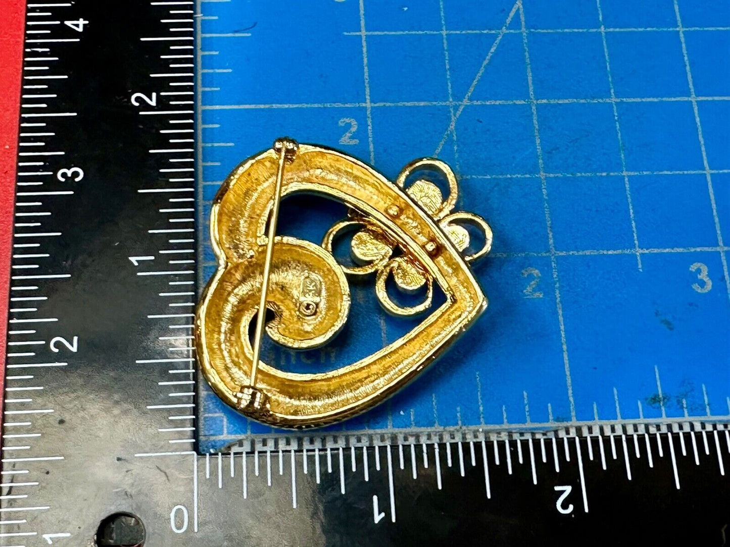 AK Anne Klein signed gold tone heart with rhinestone butterfly Brooch Pin