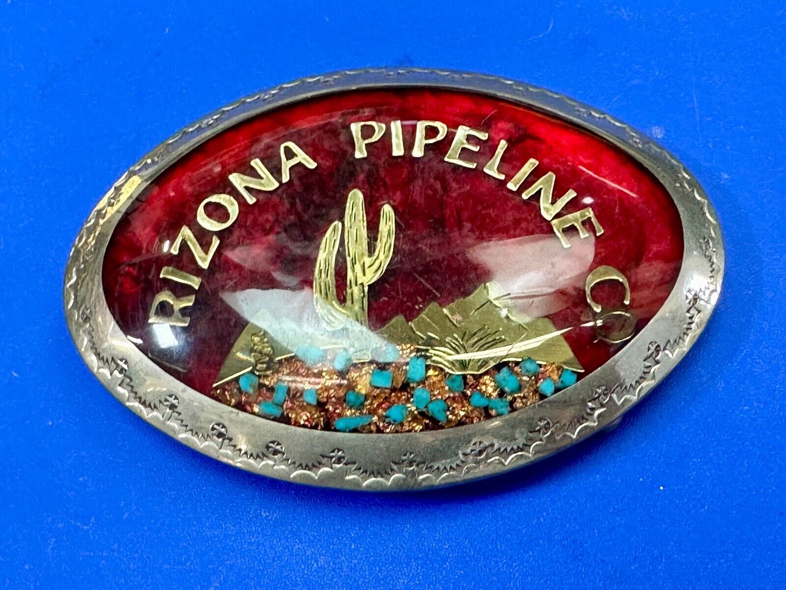 Arizona Pipeline Oil Mine inlaid turquoise Native American hallmark belt buckle