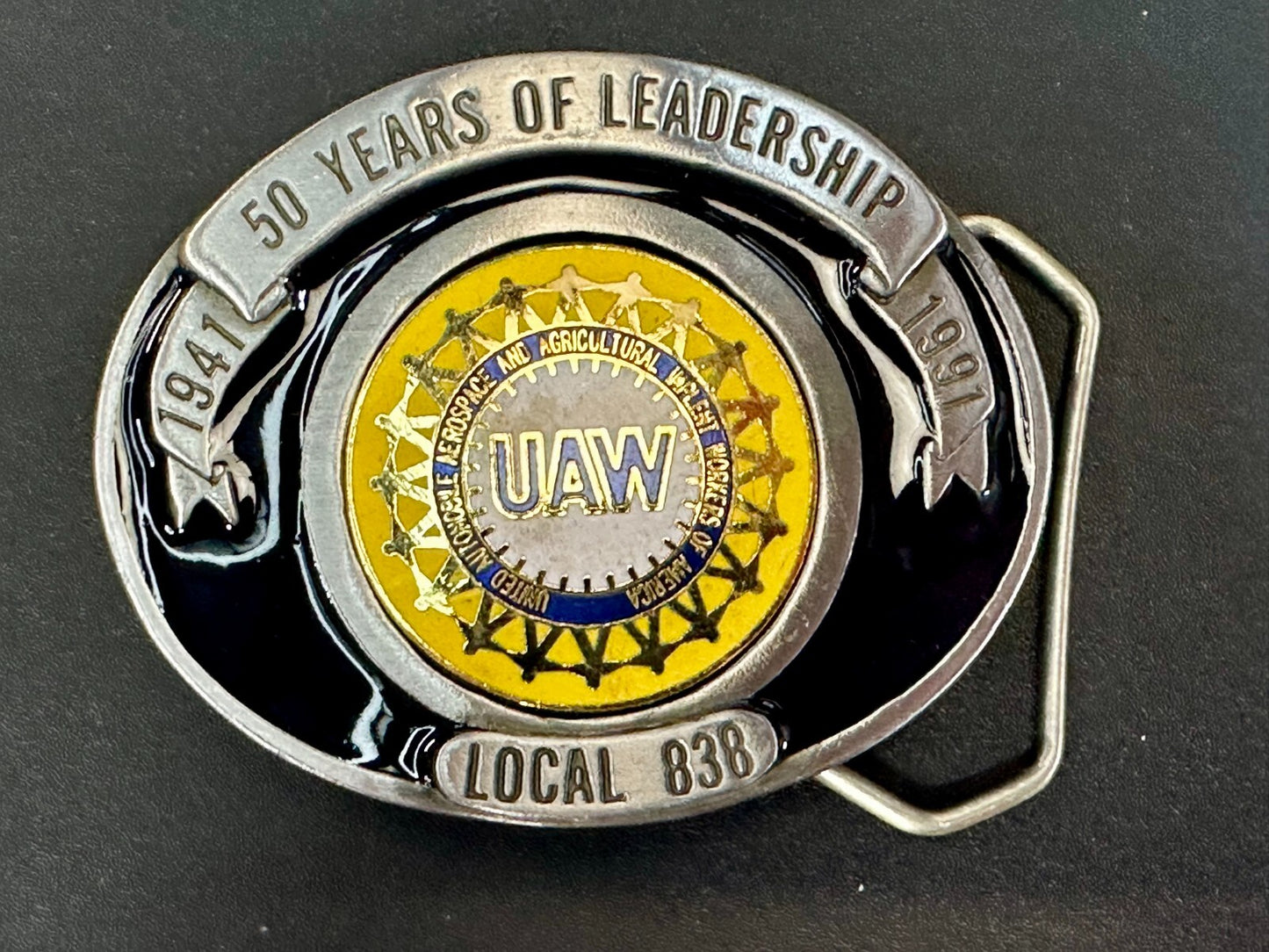 AUW United Auto Workers Local 838 50 Years of Leadership 1941-1991 Belt Buckle