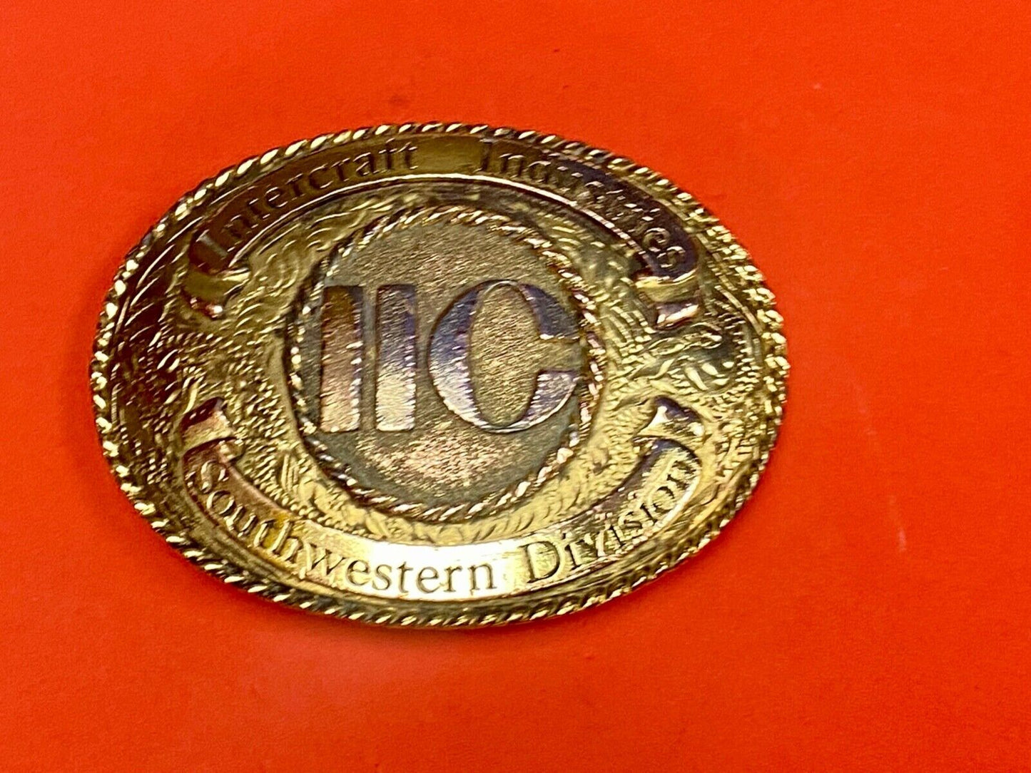 1982  Ornate Intercraft Industries Texas Iic Company Advertising Belt Buckle