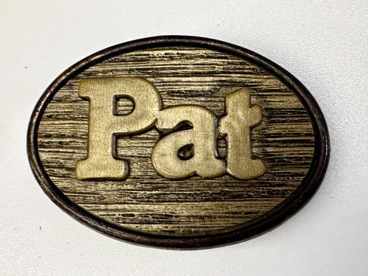 1970s  PAT Name - Custom Wood Grain Metal Oden USA Personalized Belt Buckle