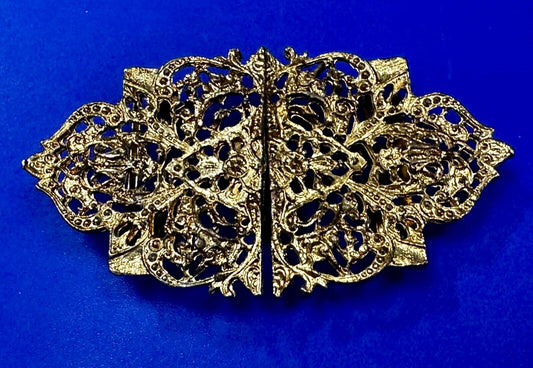 Victorian Style Filigree Metal Two Piece Interlocking Gold Tone Belt Buckle