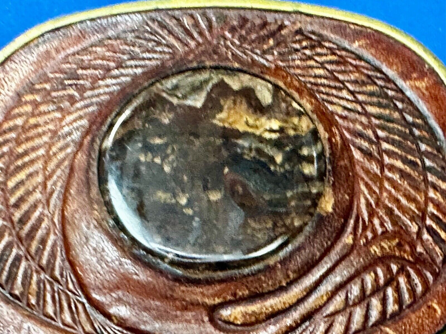Unique Leather and Solid Brass Round Centerpiece Vintage Belt Buckle by Baron