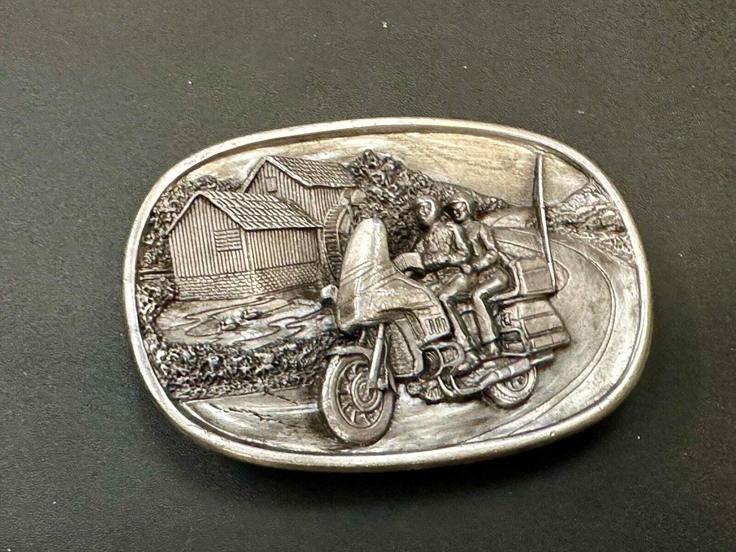 Biker Couple riding on Motorcycle  Vintage 1984 Bergamot belt buckle  L-49 1
