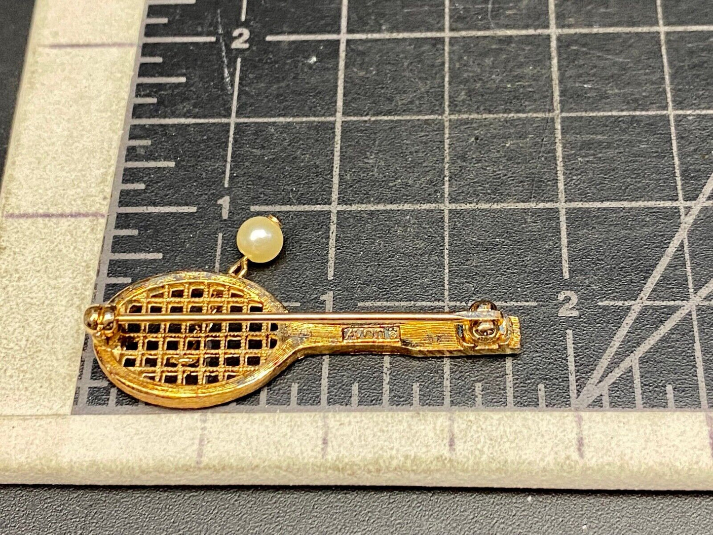 Vintage Avon Jewelry Goldtone Tennis Racquet Brooch Faux Pearl Ball, 1 3/4" long