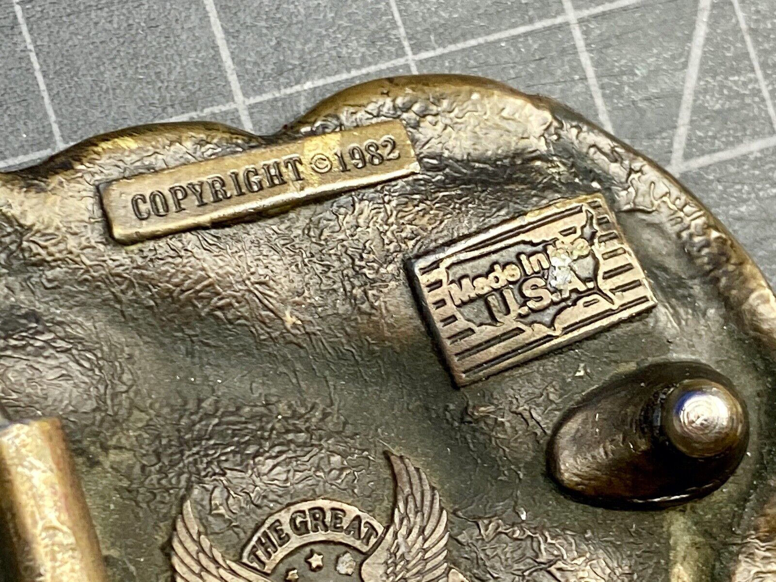 VINTAGE 1982 JUMPING DEER THROUGH ANTLERS - The Great American belt buckle Co. 