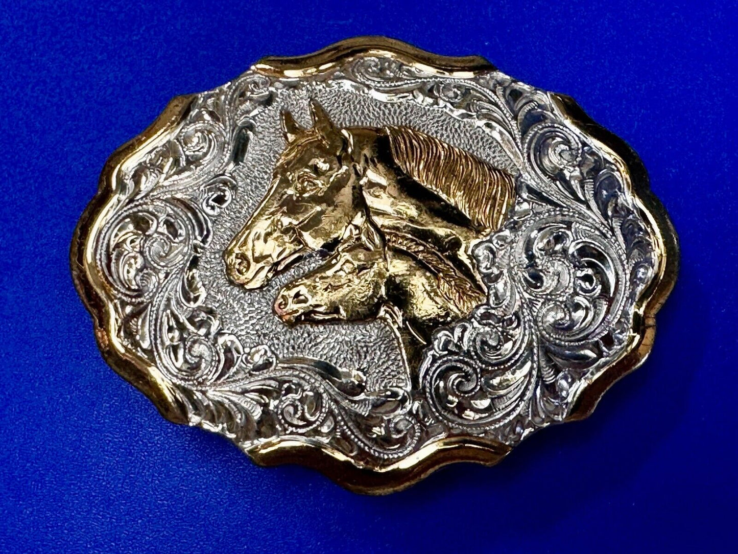Two Horse Heads Beautiful  Ornate Rodeo Cowboy Two Tone Belt Buckle by Crumrine