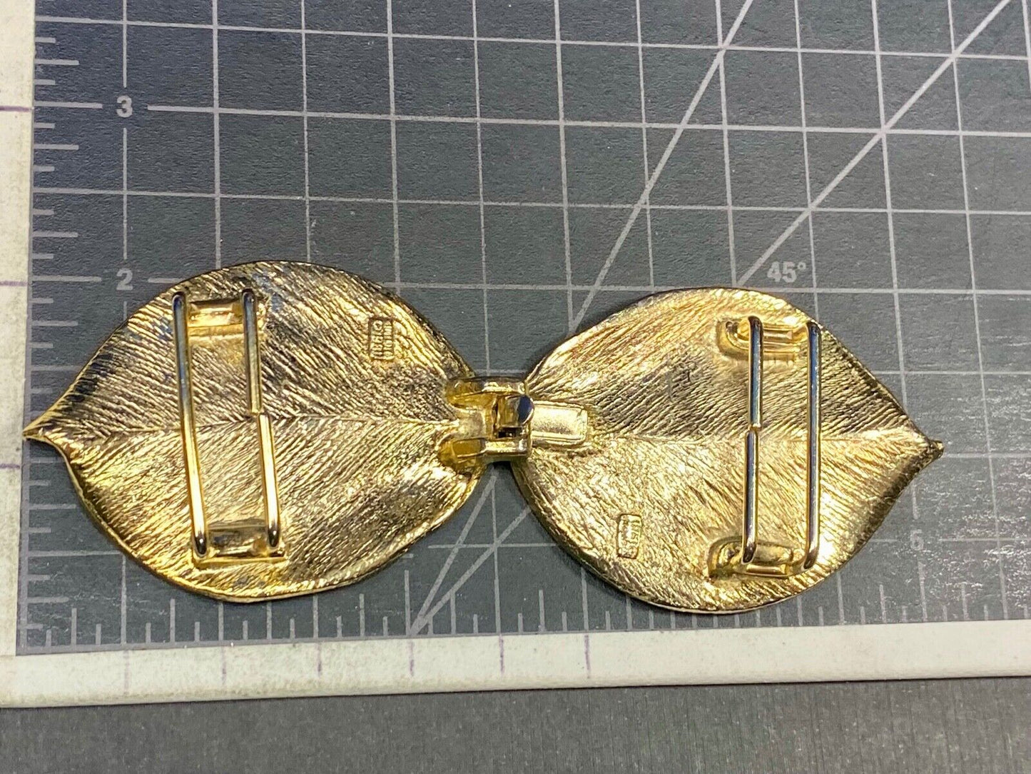 Vintage gold tone two piece interlocking 5" wide leaf belt buckle w/ makers mark