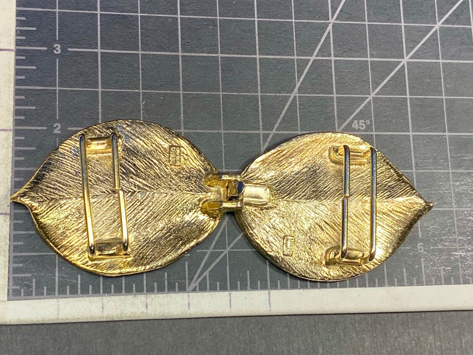 Vintage gold tone two piece interlocking 5" wide leaf belt buckle w/ makers mark