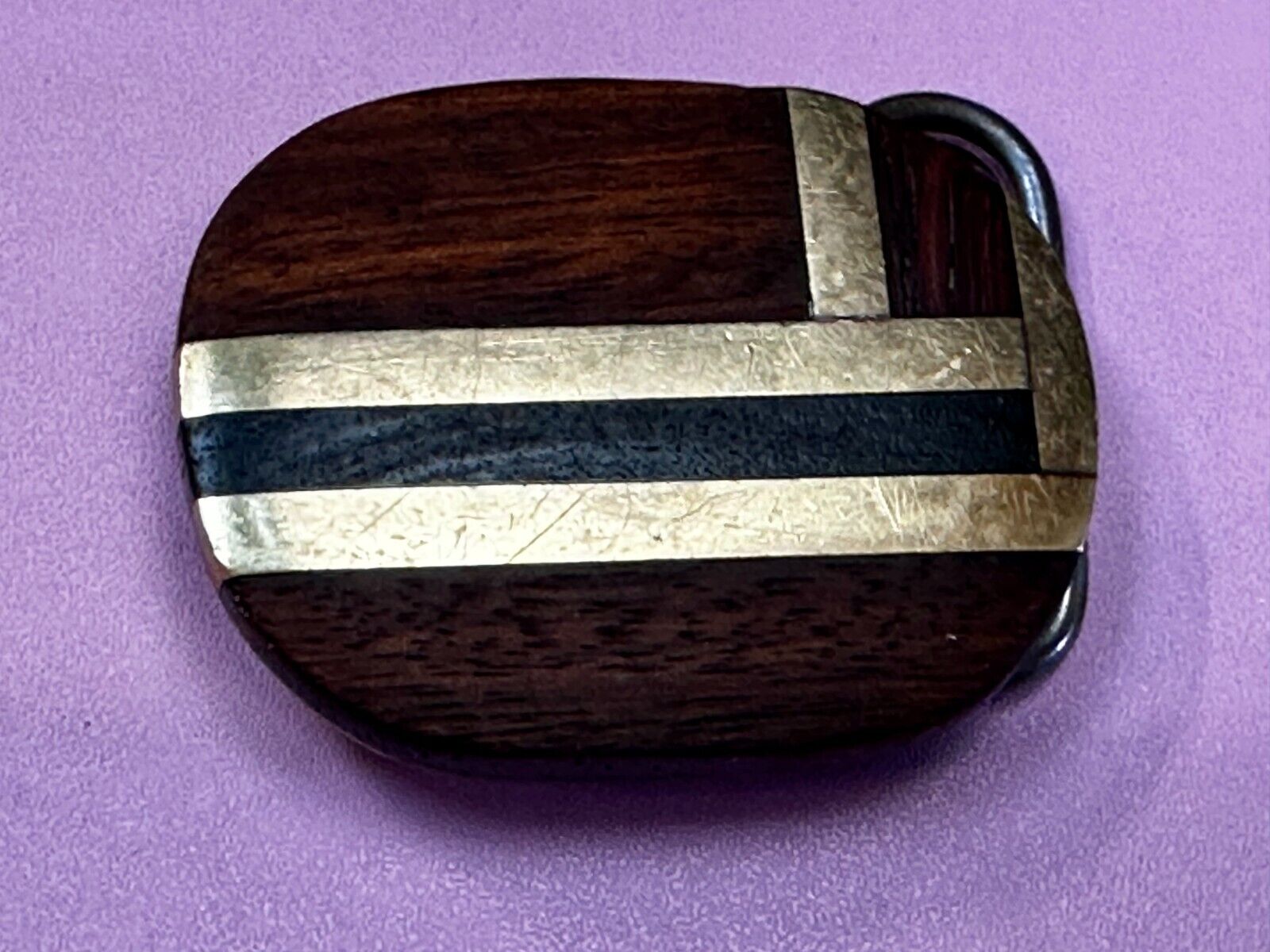 Vintage Artisan Inlay Mixed Wood And Solid Brass Small Belt Buckle
