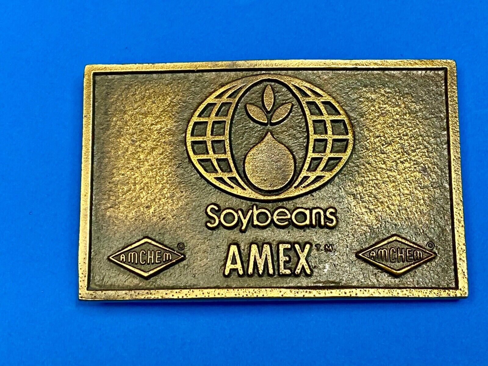 VINTAGE 1970s **SOYBEANS AMEX AMCHEM** AGRICULTURE FARMING BELT BUCKLE