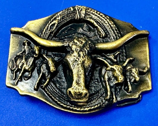 Vintage Long Horn Roping Horseback Rodeo Cowboy and Raised 3D Head Belt Buckle