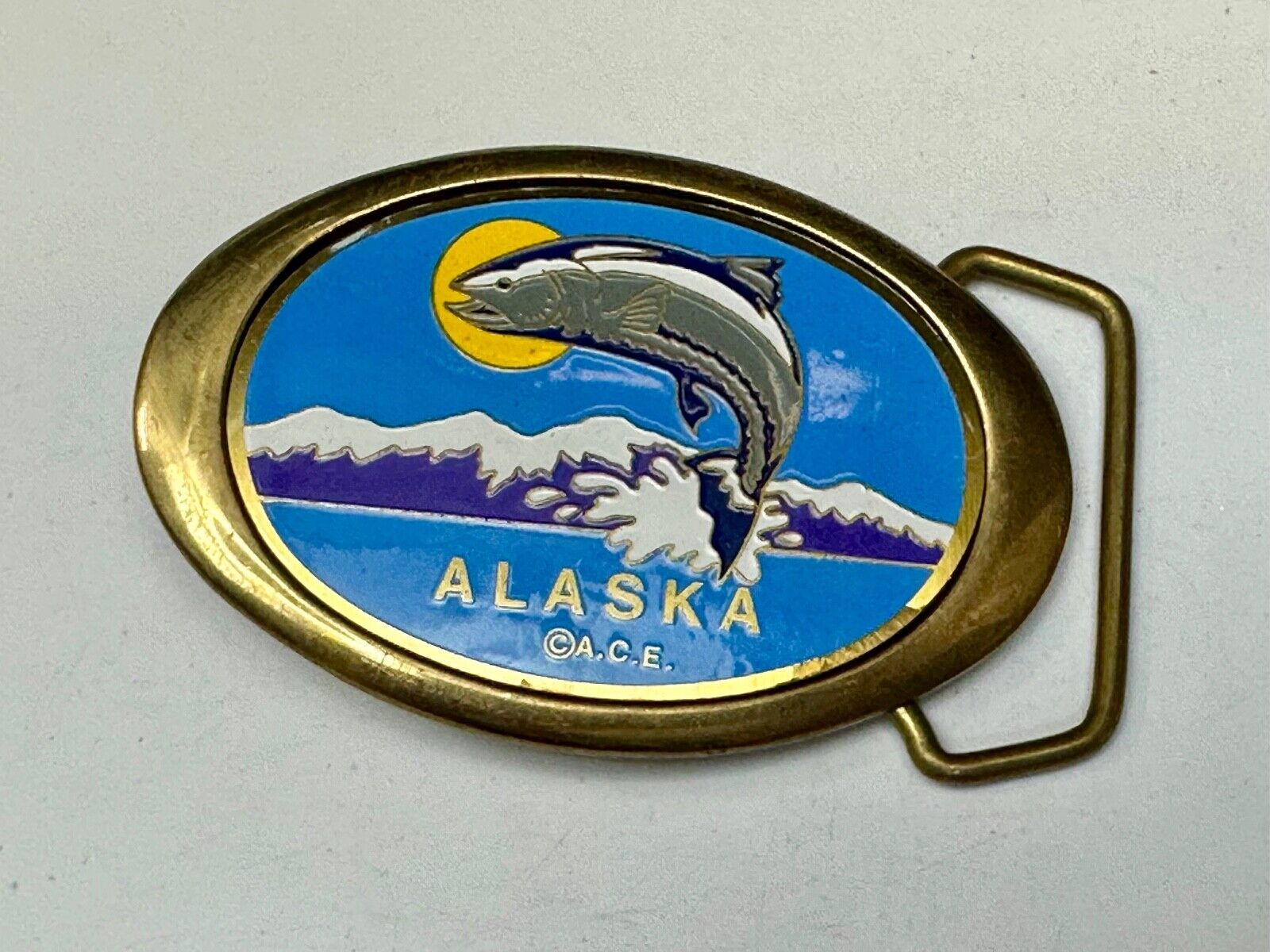 Alaska A.C.E. Jumping Fish - Vintage Solid Brass oval Belt Buckle  QB-101
