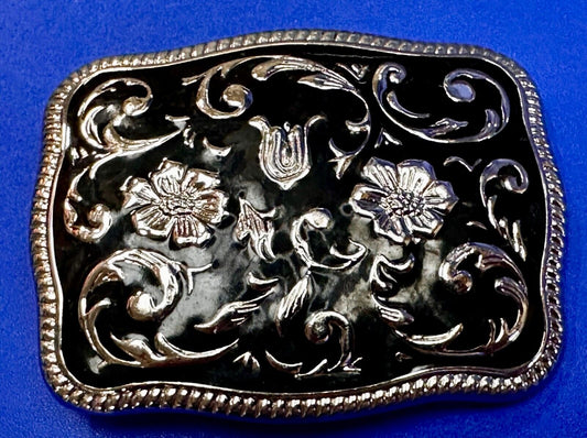 Black & Silver Color Ornate Western Flower Swirl Floral Theme Belt Buckle