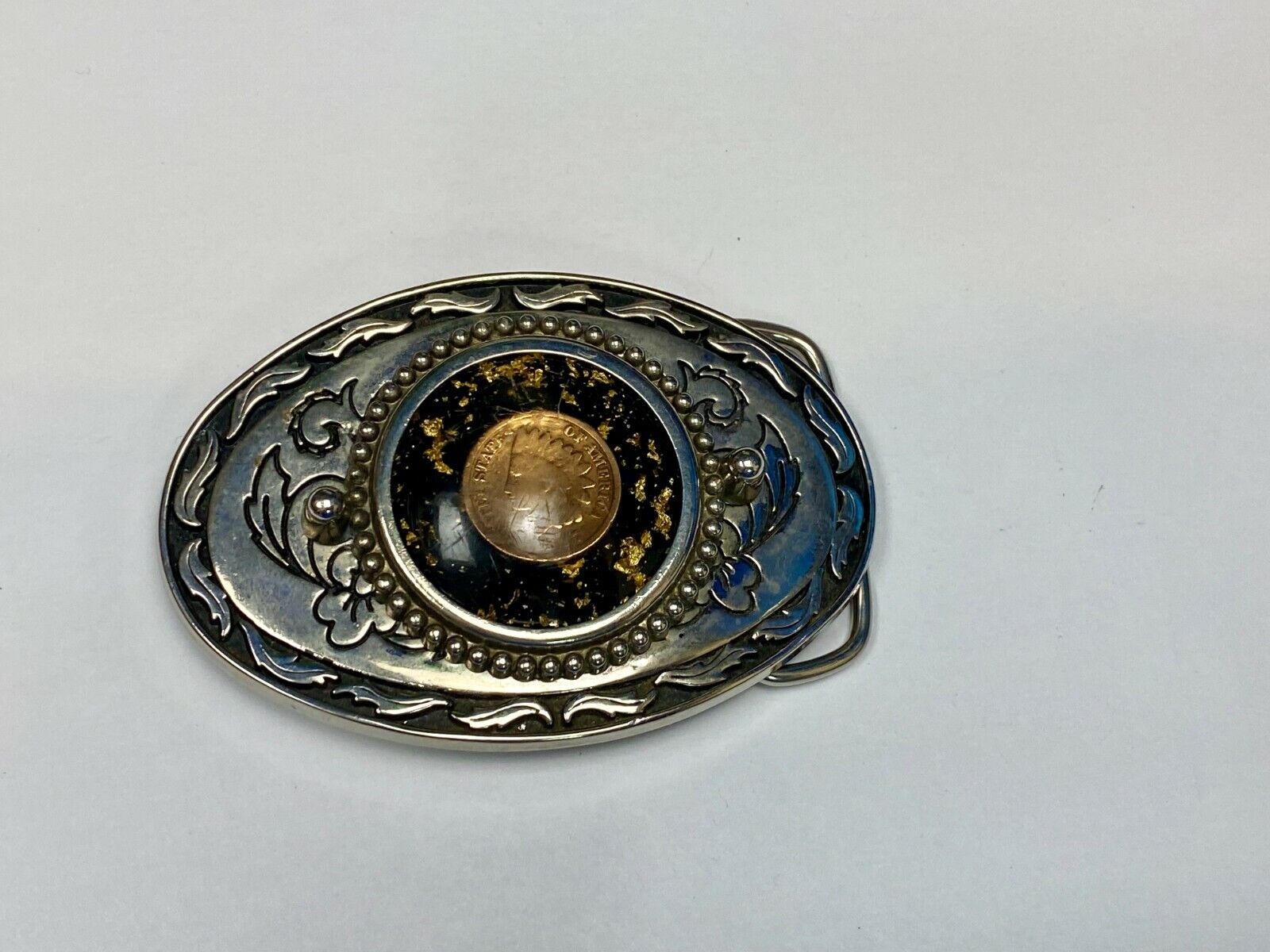 1887 Indian Head Penny Enclosed In Ornate Western Oval Belt Buckle