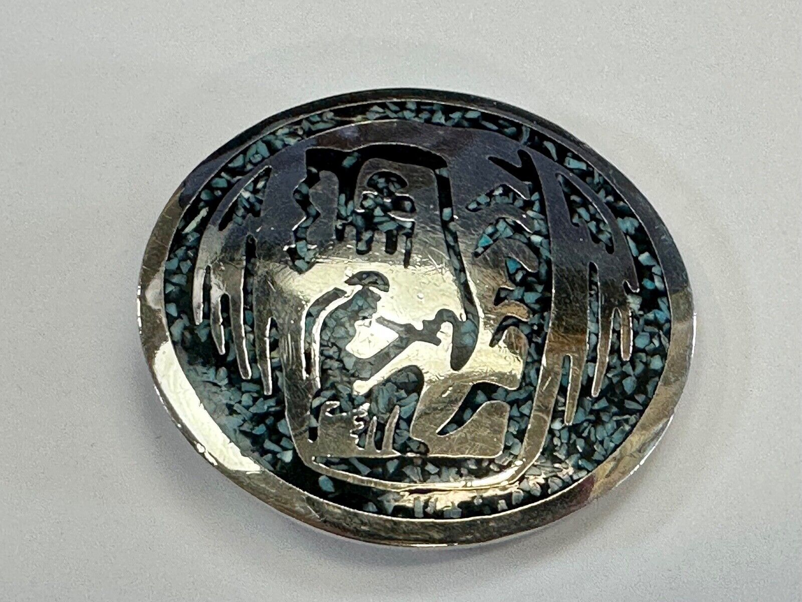 Artisan Inlaid Turquoise chip Beautiful Art pc. Vintage belt buckle marked 1980