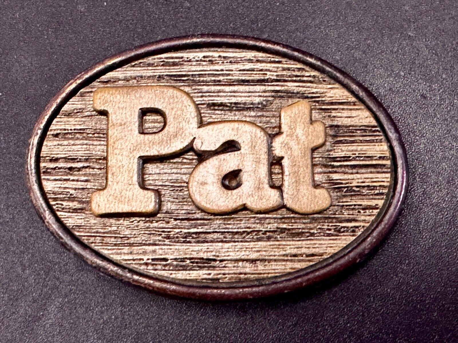 1970s  PAT Name - Custom Wood Grain Metal Oden USA Personalized Belt Buckle