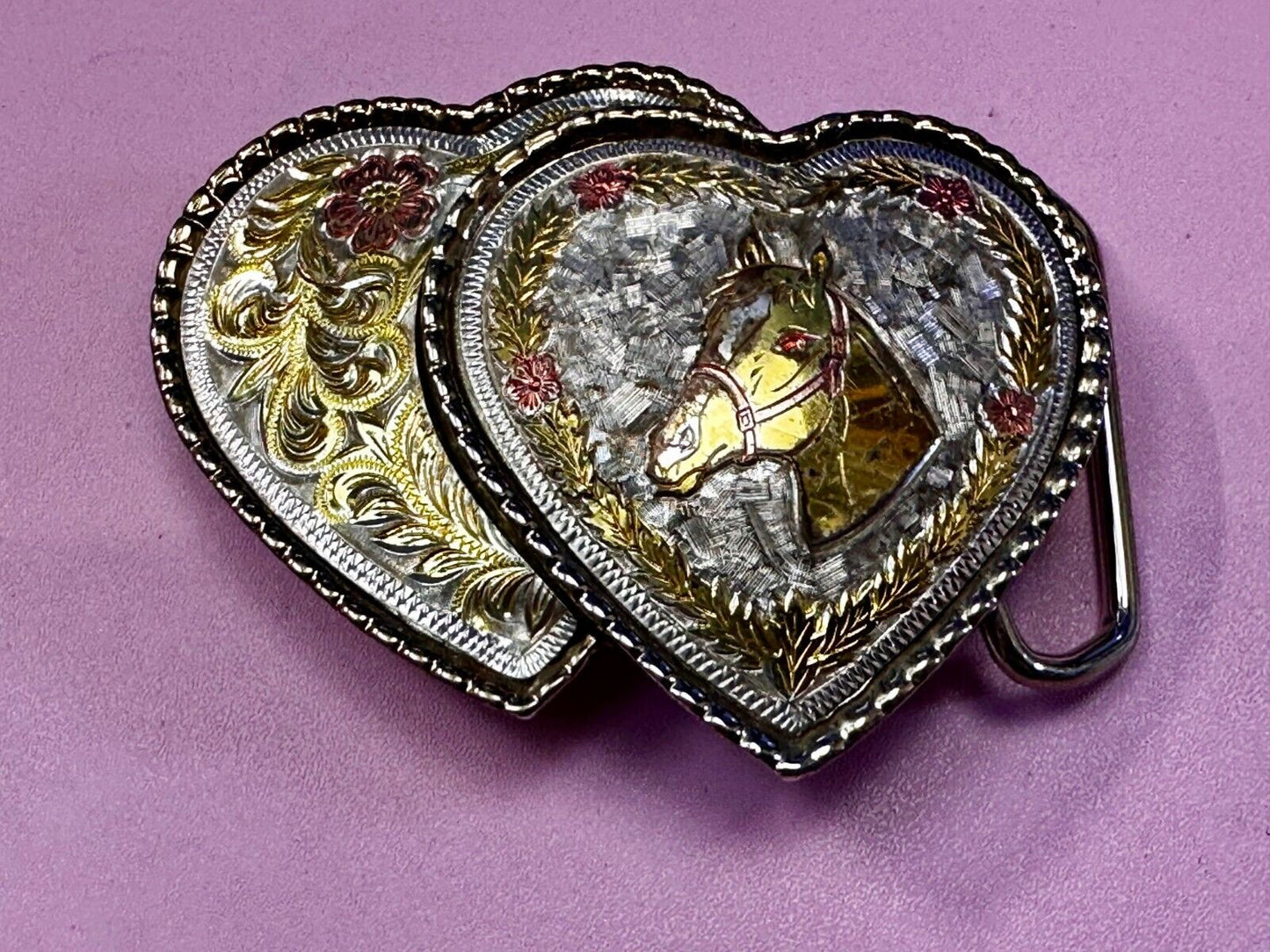 Twin Dual Hearts Horse Head Flower Swirl FloralWestern Belt Buckle W USA