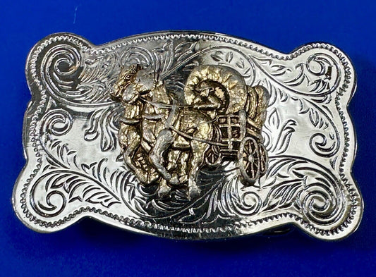 Vintage Horse Drawn Covered Wagon two tone belt buckle made in Japan