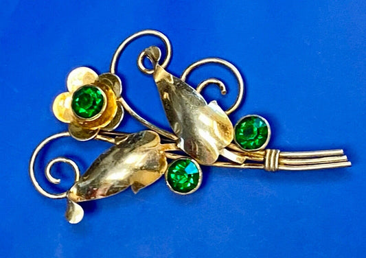 Beautiful Green Rhinestones? In Flower Theme Sterling Silver 925 Vintage Brooch