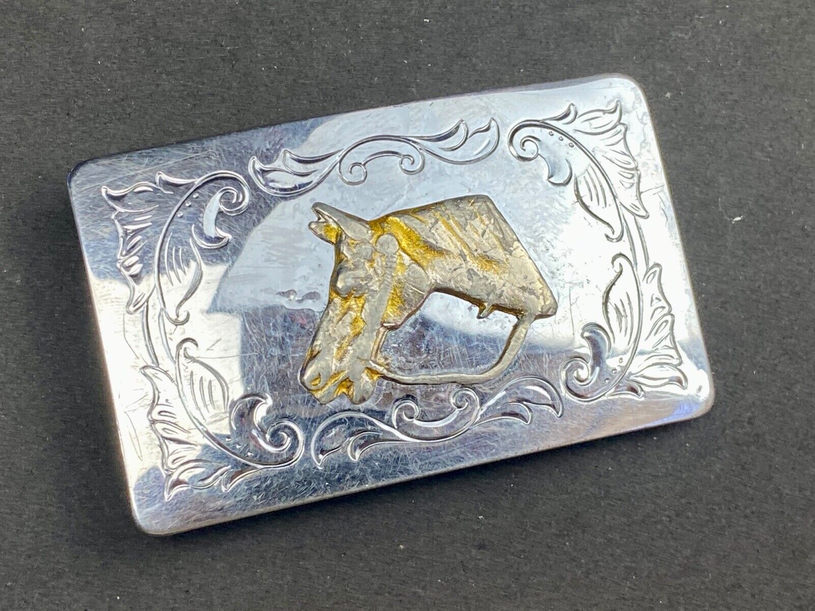 USA made western horse head bust on mixed metal belt buckle 