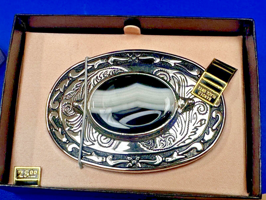 Black & White Onyx Cabochon Cab Stone Mounted In Vintage NOS Ornate Belt Buckle