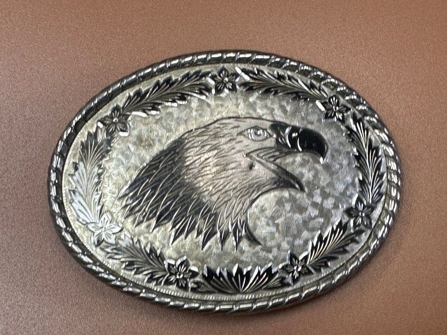 American Bald Eagle Bust profile, silver tone Etched belt buckle W Makers Mark