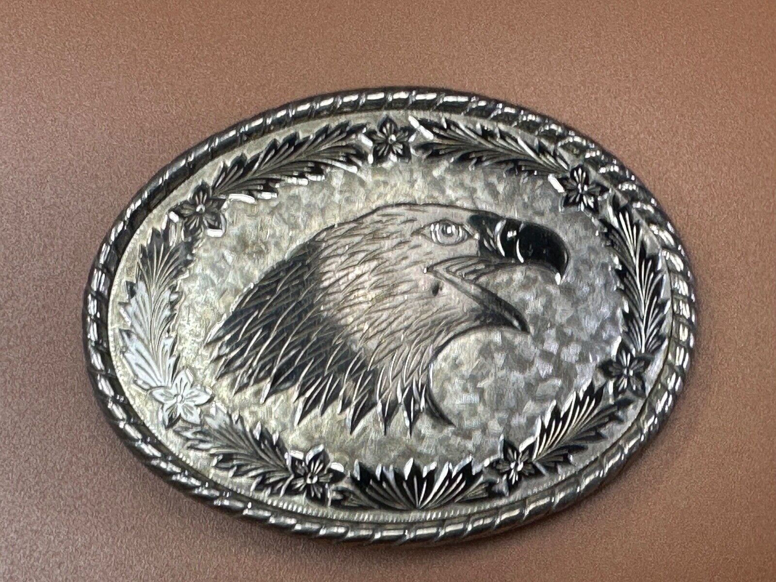 American Bald Eagle Bust profile, silver tone Etched belt buckle W Makers Mark