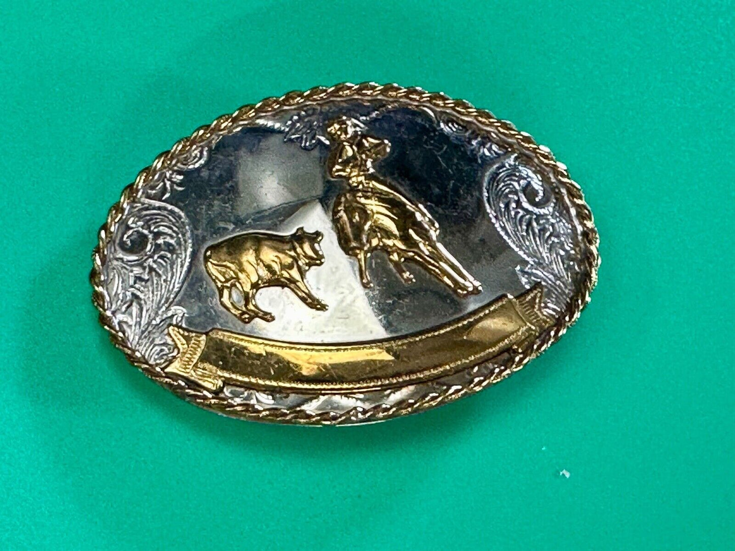 Vintage German Silver Rodeo Cowboy With Blank Award Trophy Ribbon belt buckle