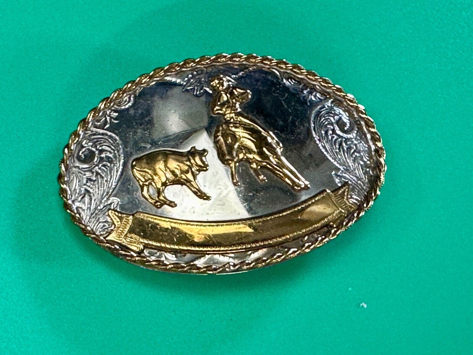Vintage German Silver Rodeo Cowboy With Blank Award Trophy Ribbon belt buckle