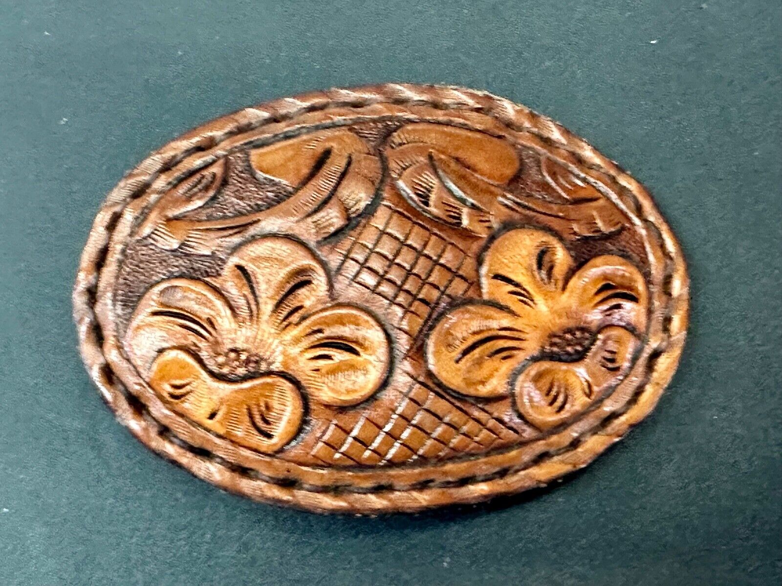 4" wide brown leather floral theme hand stitched artisan belt buckle