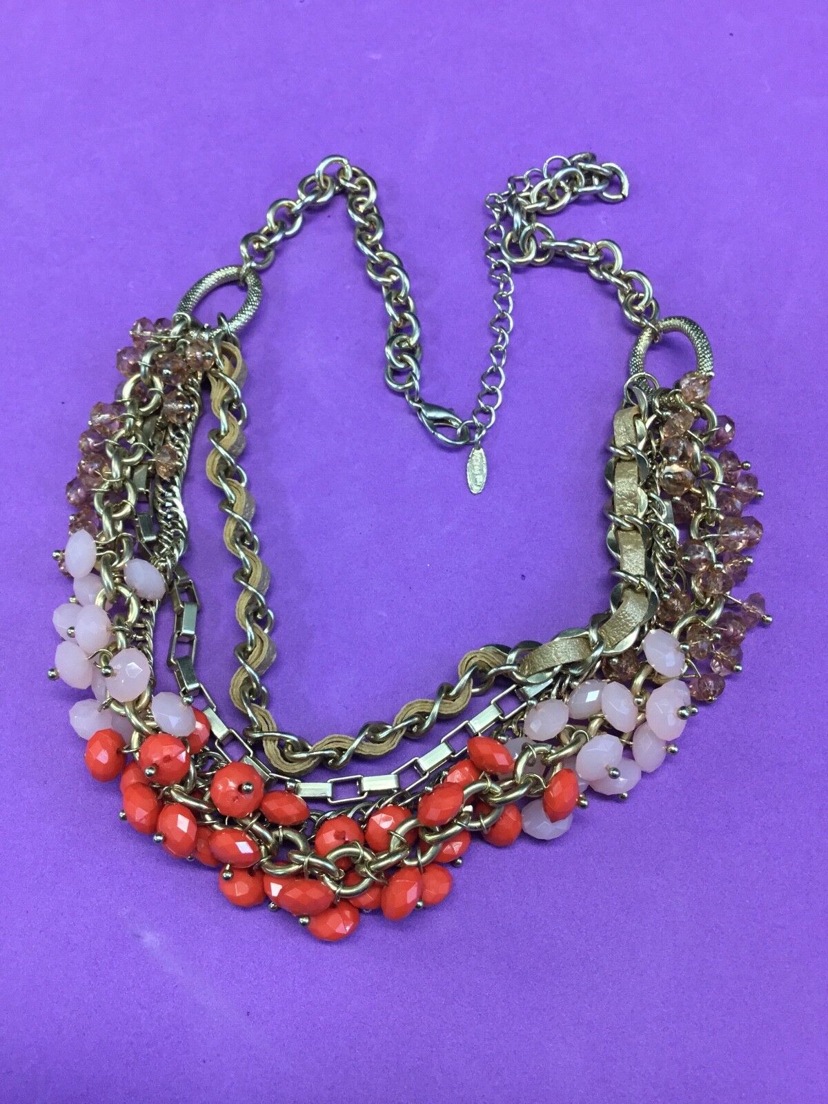 VCLM Multi Strand Gold Pink Coral Orange Beaded Statement 21" Necklace