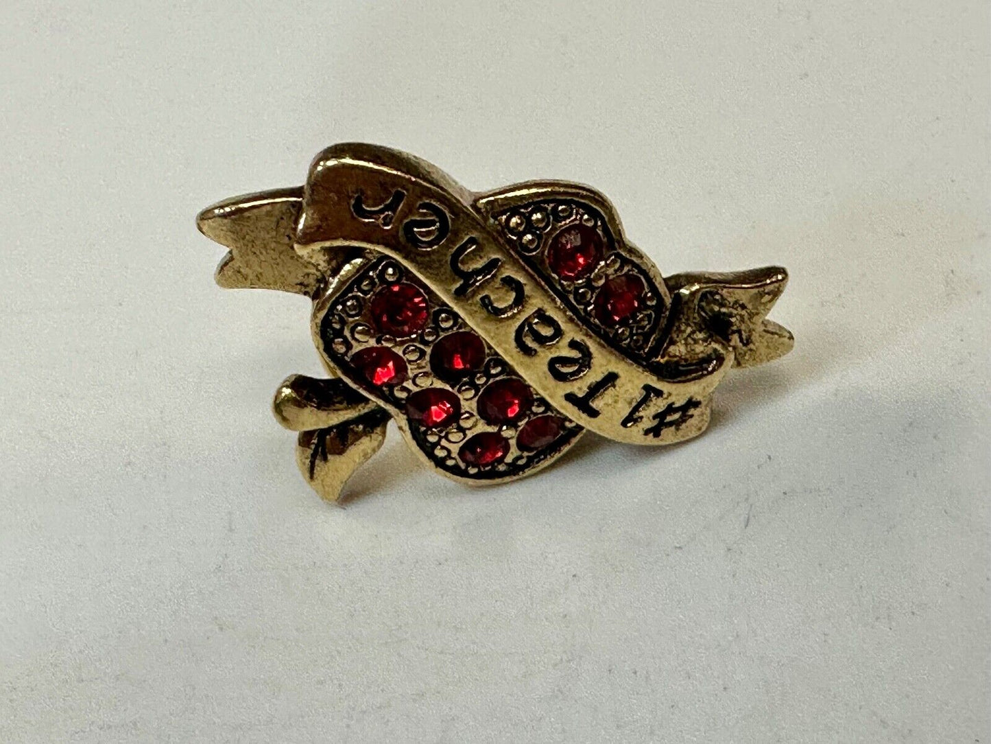 Apple Brooch Pin #1 Teacher Red Rhinestone Avon signed gold tone brooch