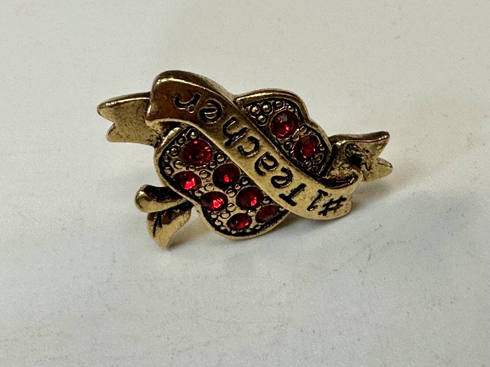 Apple Brooch Pin #1 Teacher Red Rhinestone Avon signed gold tone brooch