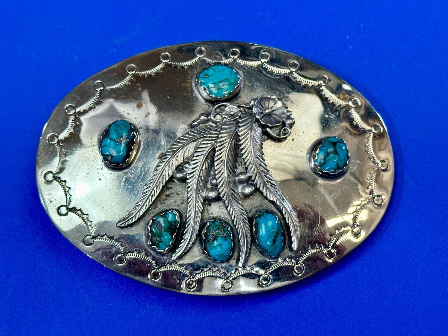 Unique 1980 signed multipal turquoise stones & Feathers belt buckle