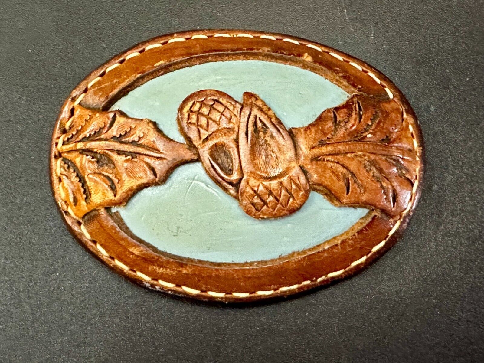 Artisan Hand-Stitched Acorn Leaf Brown Leather 4" Large Unique Belt Buckle