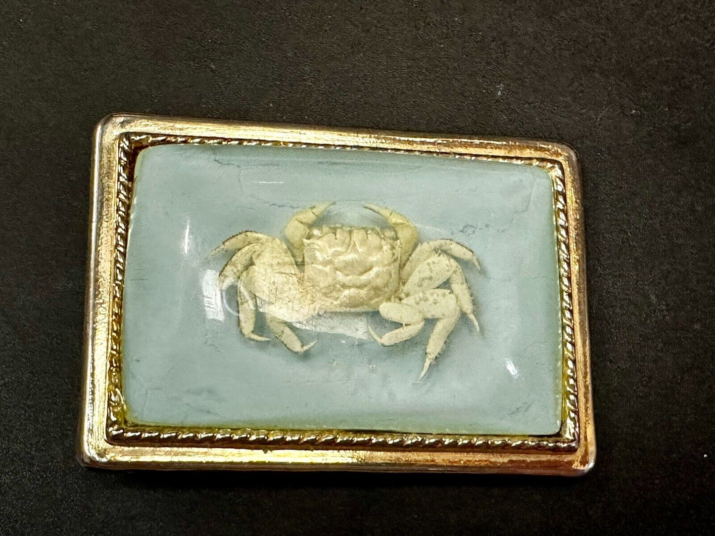 White Fiddler Crab Encased in Clear Enamel Vintage Gold tone Belt Buckle