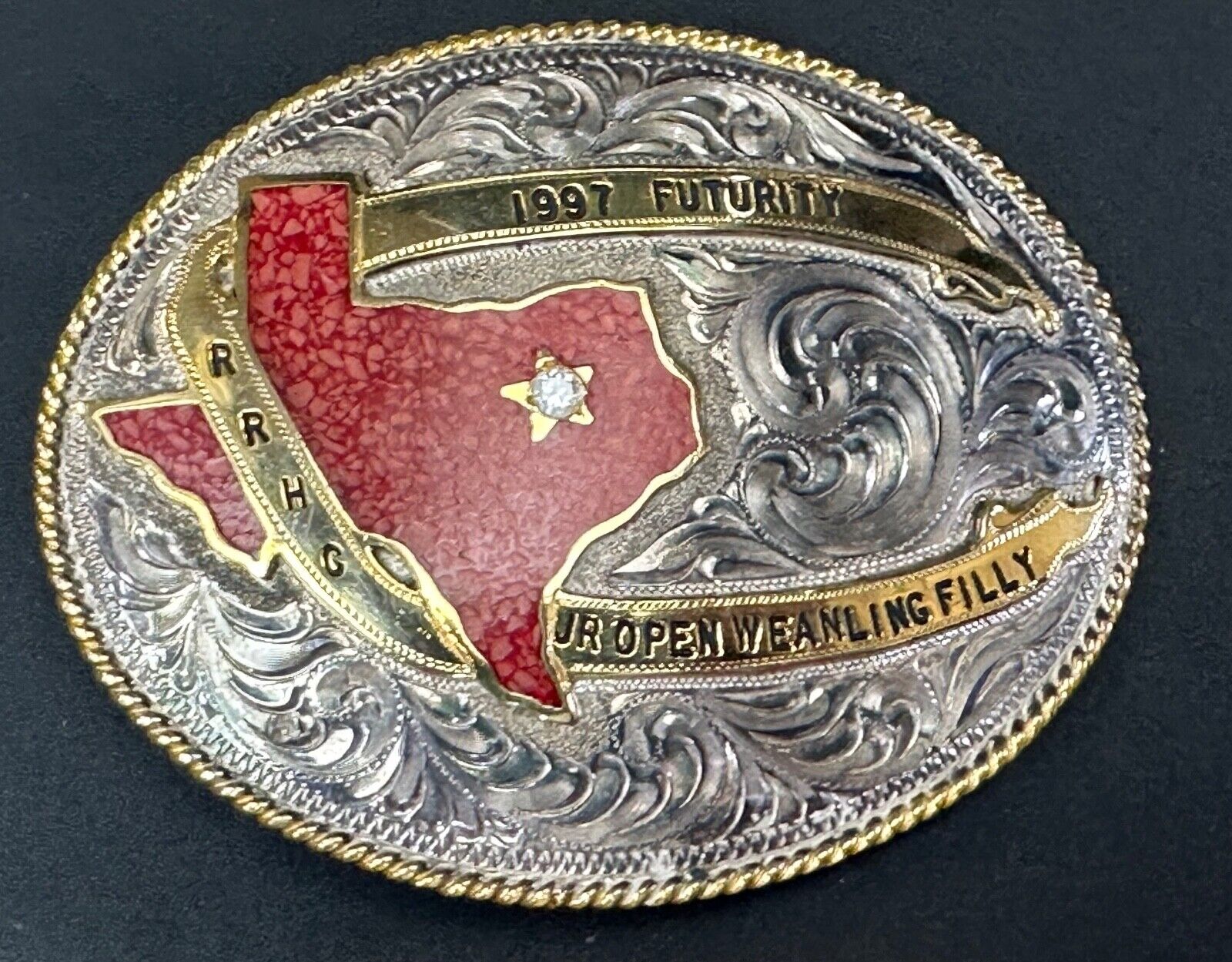 TEXAS Inlaid Coral Chip  JR Open Weanling Filly 1997 Futurity Trophy belt buckle