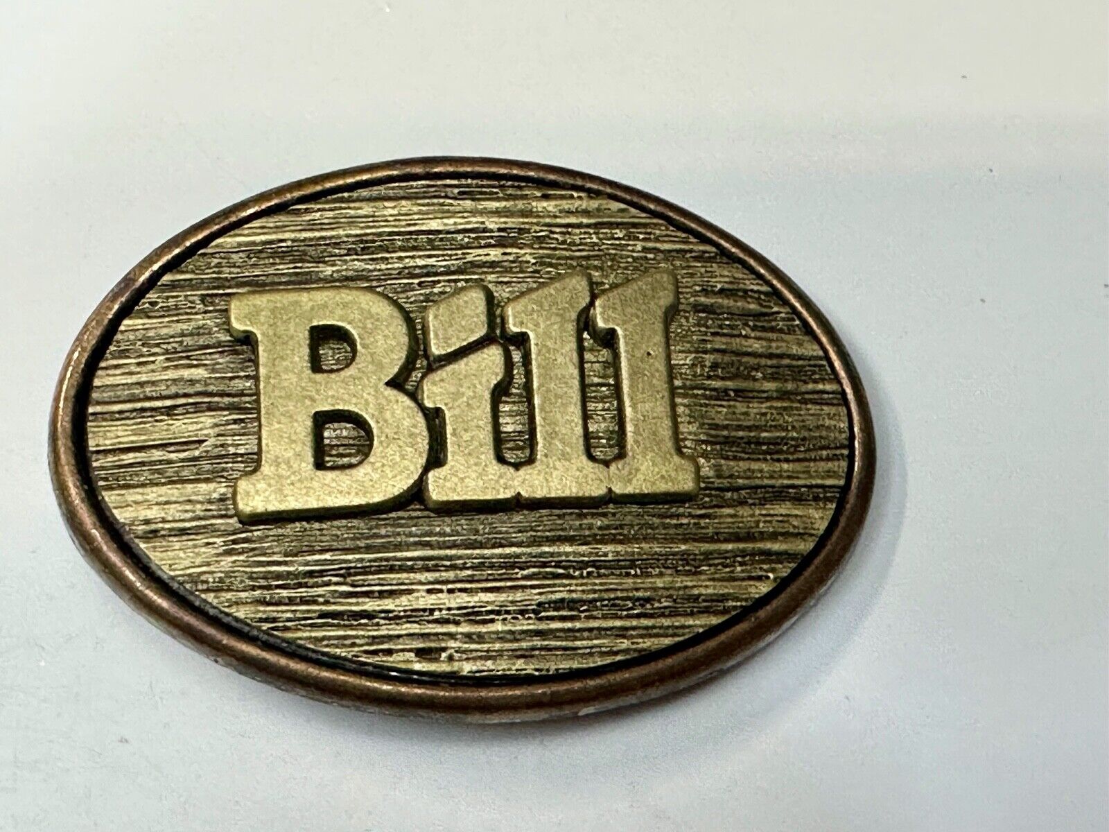 BILL  vintage custom name metal faux wood grain Belt Buckle By Oden
