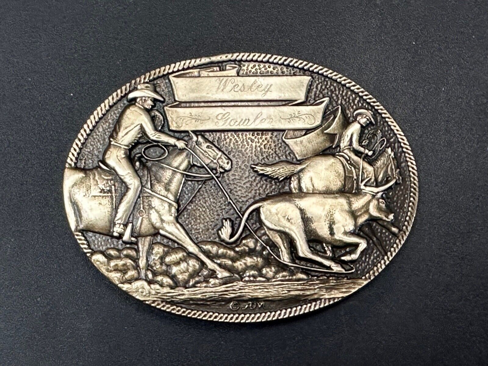 The Cattle Drive Western Rodeo Cowboys engraved award ribbon scroll belt buckle