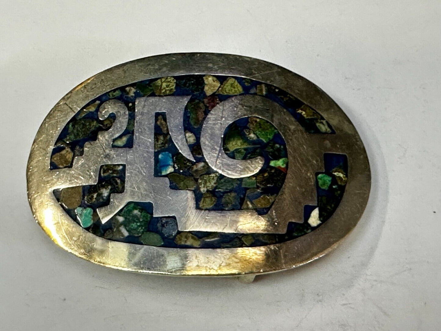Vintage Inlaid Abalone Shell AZTEC MAYAN Theme Mexico Made? Belt Buckle