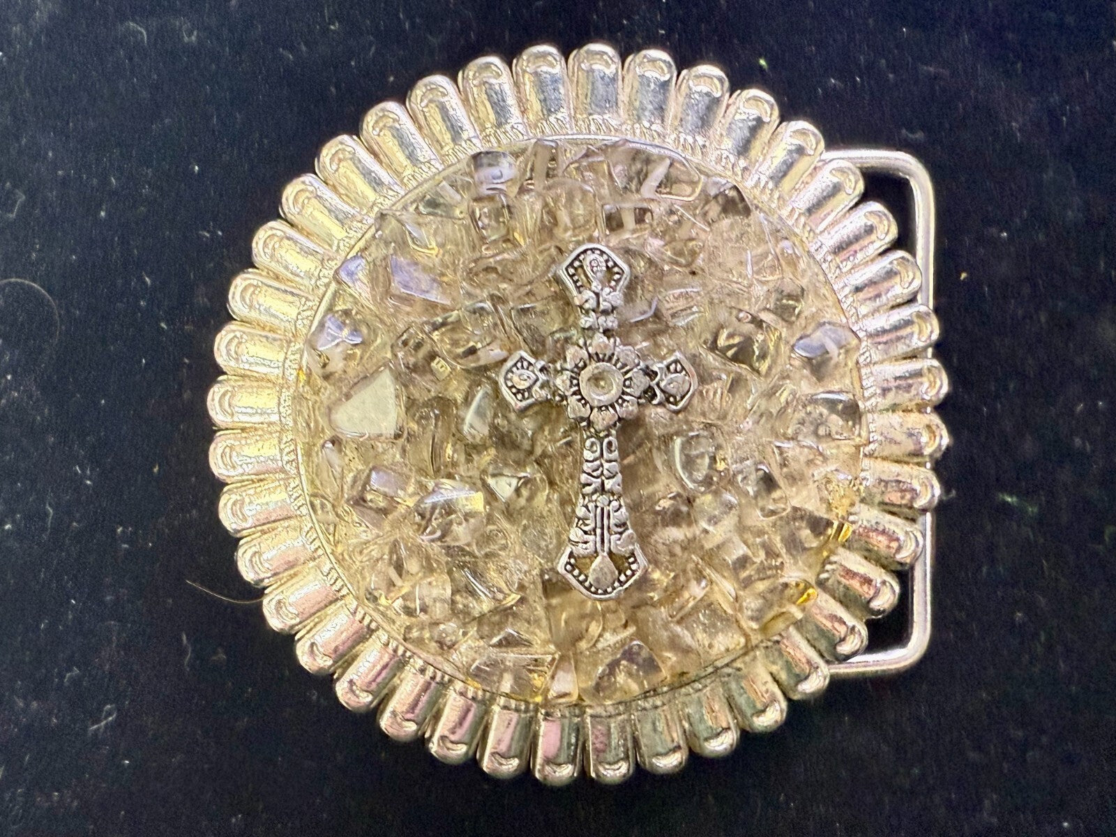 Artisan Religious Iron Cross Clear Stone Covered Unique Round Belt Buckle