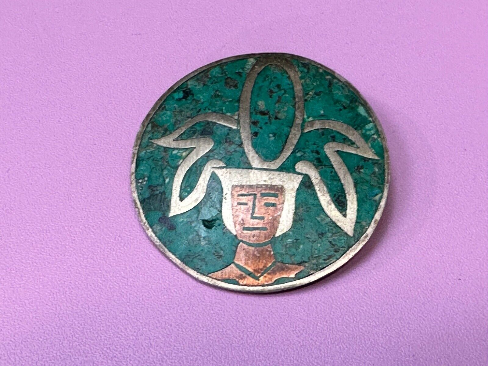 Beautiful Inlaid Person Figure Face  sterling silver brooch -  CPR Mexico 925