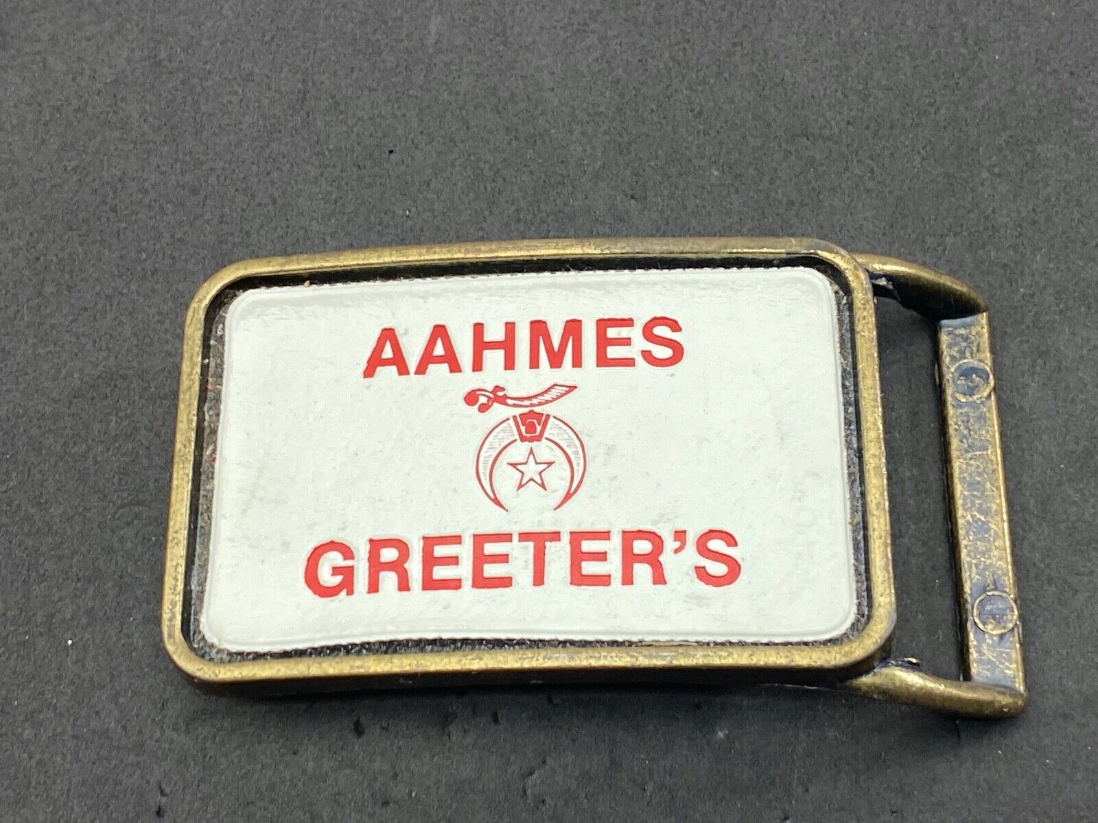 Aahmes Greeters Shriners, or Shrine Masons Club logo - white leather belt buckle