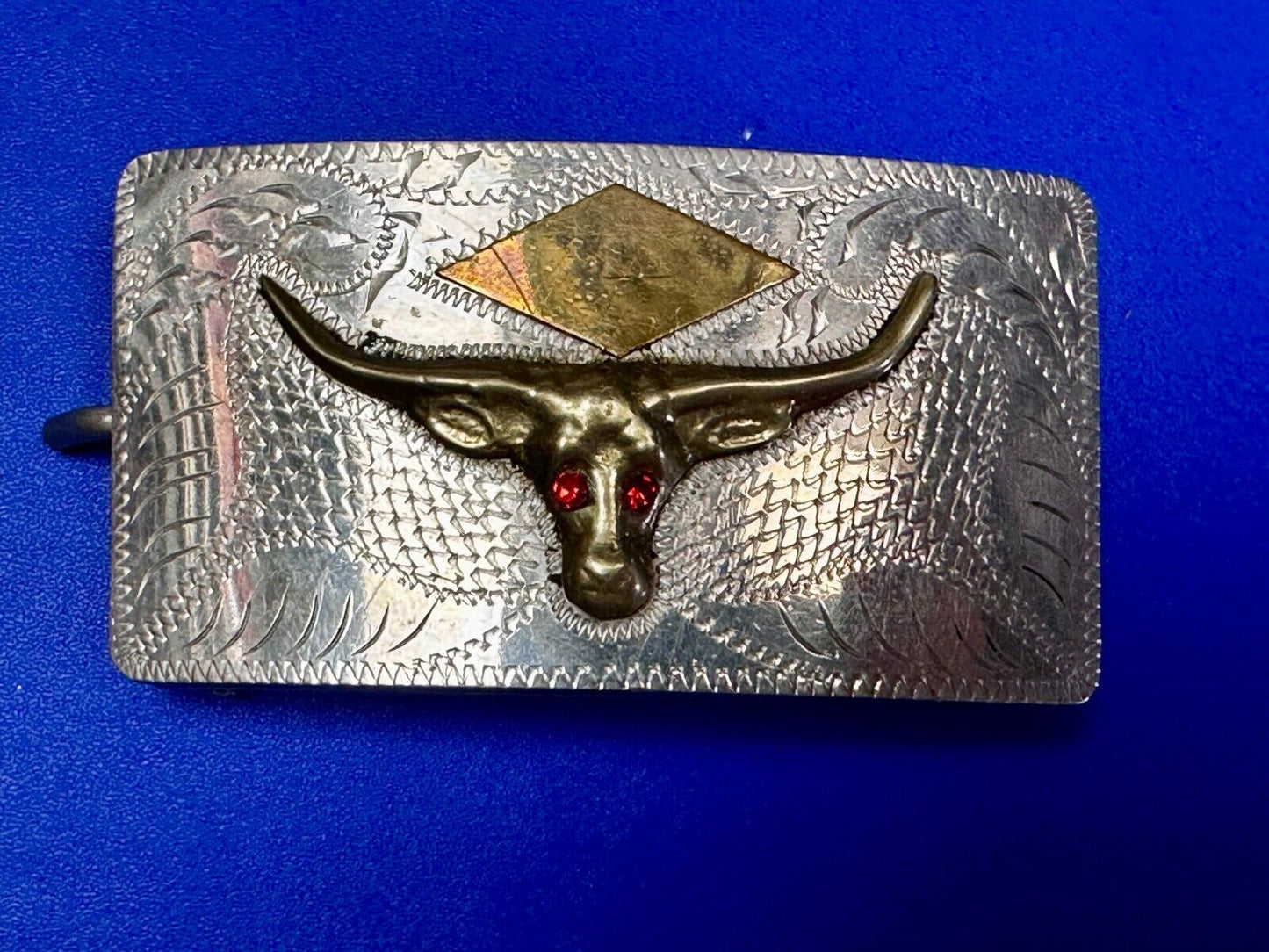 Antique Longhorn Vintage Silver & Gold Tone? Engraved Belt Buckle  Red Ruby Eyes