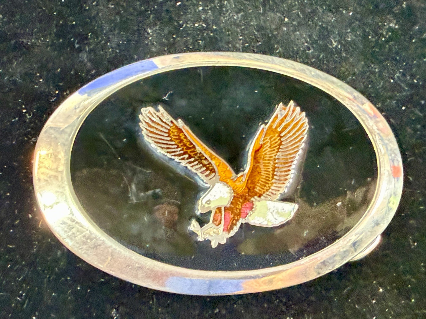 American Bald Eagle Flying Hunting Claws Black Enameled Western Oval Belt Buckle