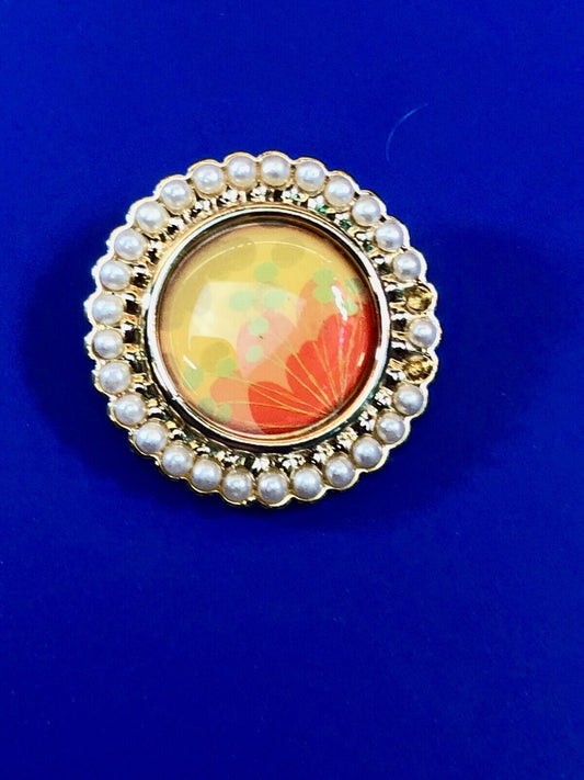 Unique Vintage Avon Goldtone Brooch SP - faux Pearls - flower orange color 