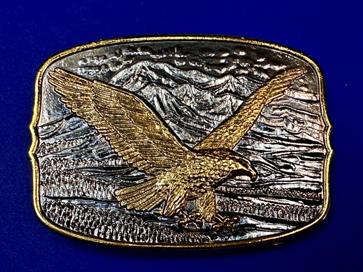 Majestic American Bald Eagle Flying high USA Mountains Two Tone Belt Buckle