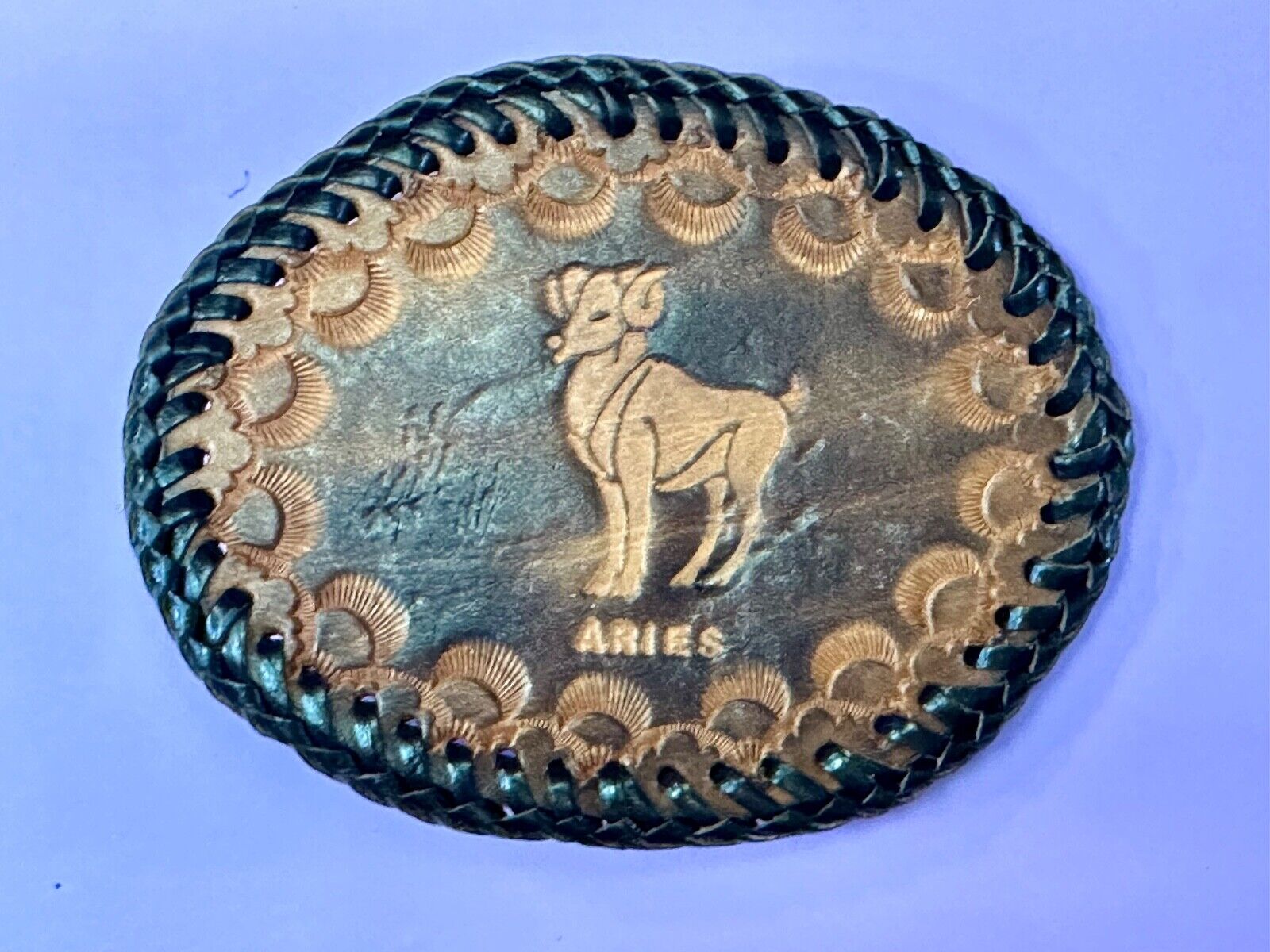 Aries Leather Oval Astrology Belt Buckle Vintage Hand Stitched Tooled Ram Horns