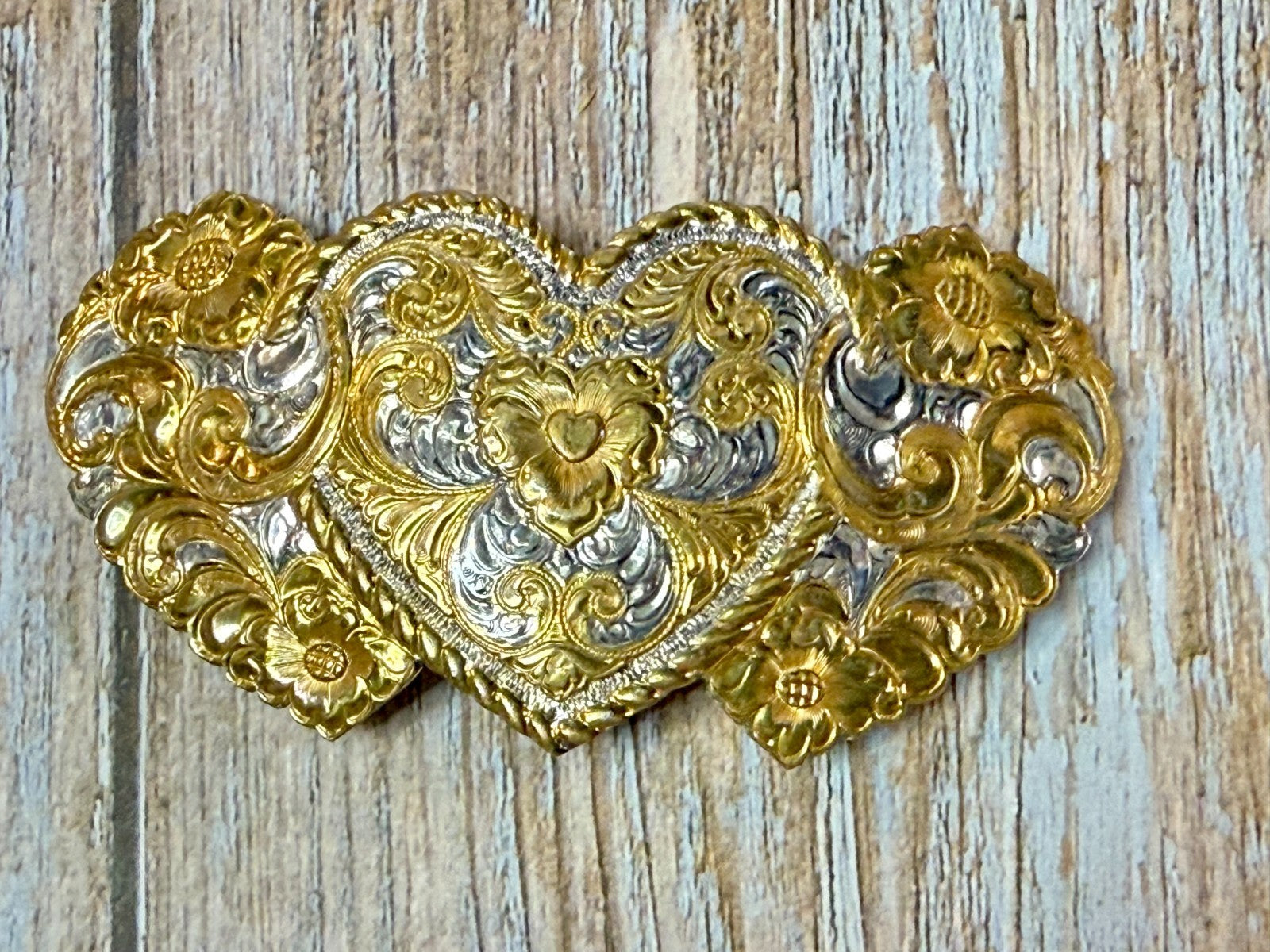 Triple Heart Shaped Heavy Silver Plate on Jewelers' Bronze Crumrine Belt Buckle